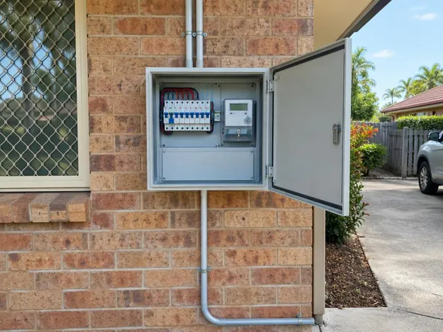 Outdoor switchboard on a brick house wall beside a window and driveway in Currumbin Waters